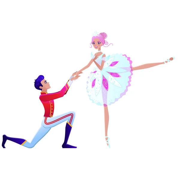 Christmas Cartoon Illustration Nutcracker Story Beautiful Couple Ballet Dancers Cute — Stock Vector