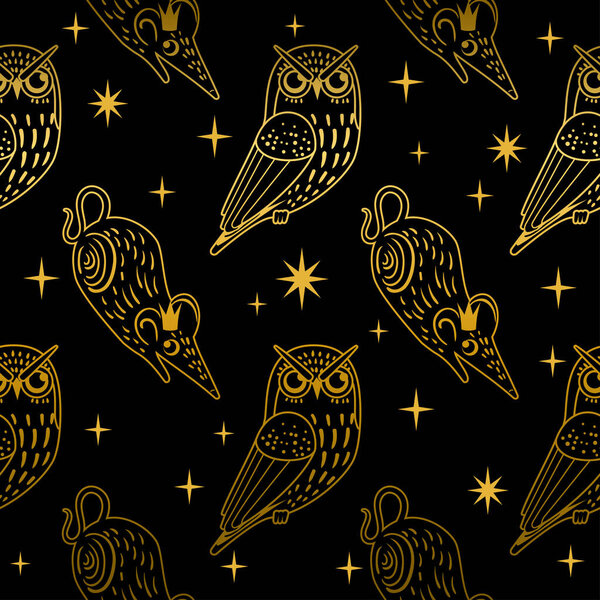 Christmas seamless pattern with cute owls and mouse. Vector illustration. Stylish graphic design in retro vintage colors. Winter tale about the Nutcracker and the Mouse King.