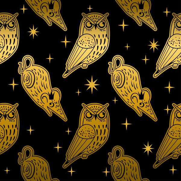 Christmas seamless pattern with cute owls and mouse. Vector illustration. Stylish graphic design in retro vintage colors. Winter tale about the Nutcracker and the Mouse King.