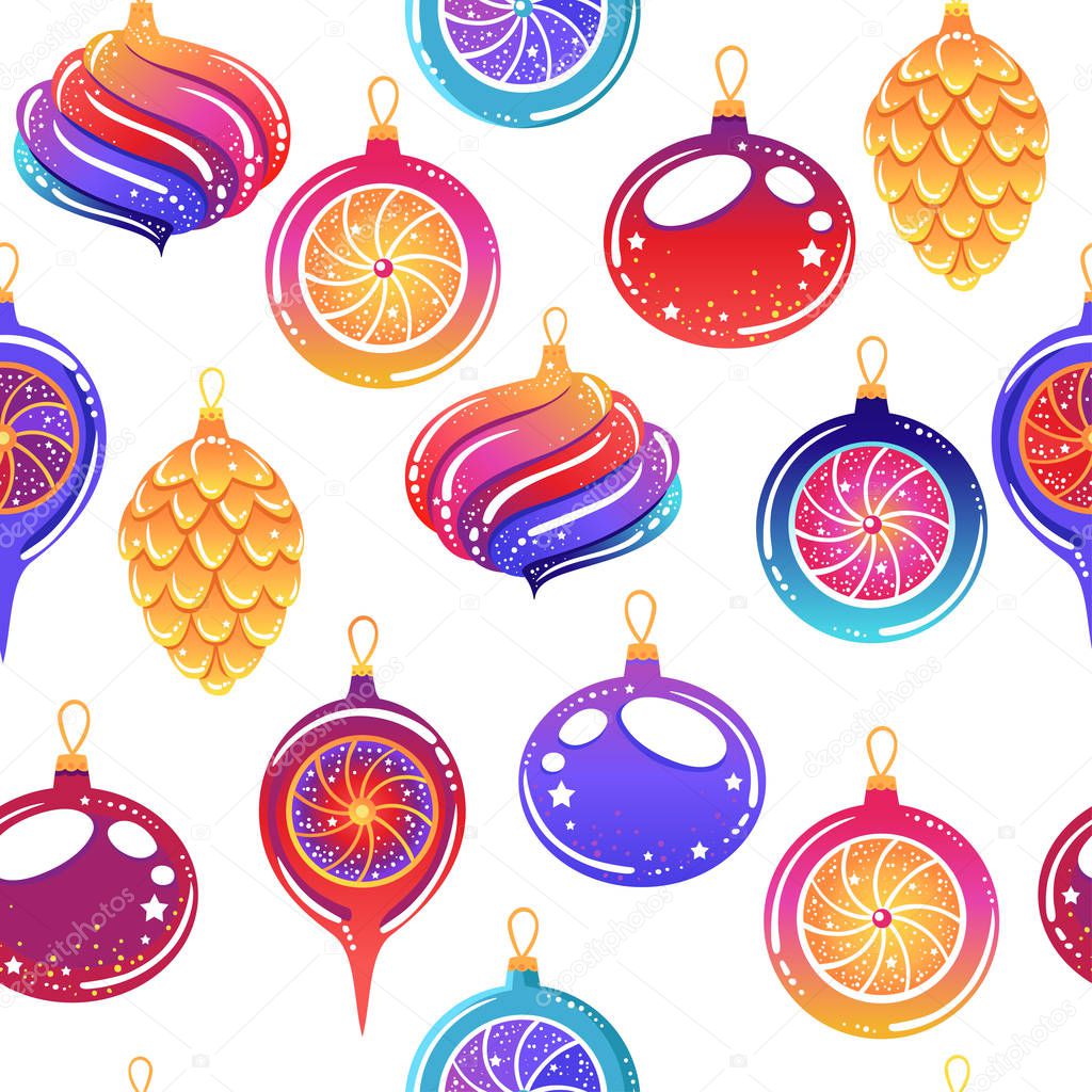 Seamless pattern with Christmas toys and sweets.  Vector illustration. Stylish graphic design in beautiful modern colors.