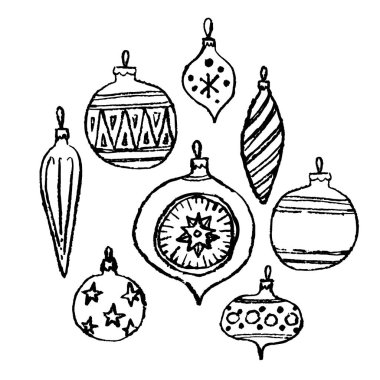 Noel topları kartı. Elle çizilmiş hat sanatı. Vektör çizim.