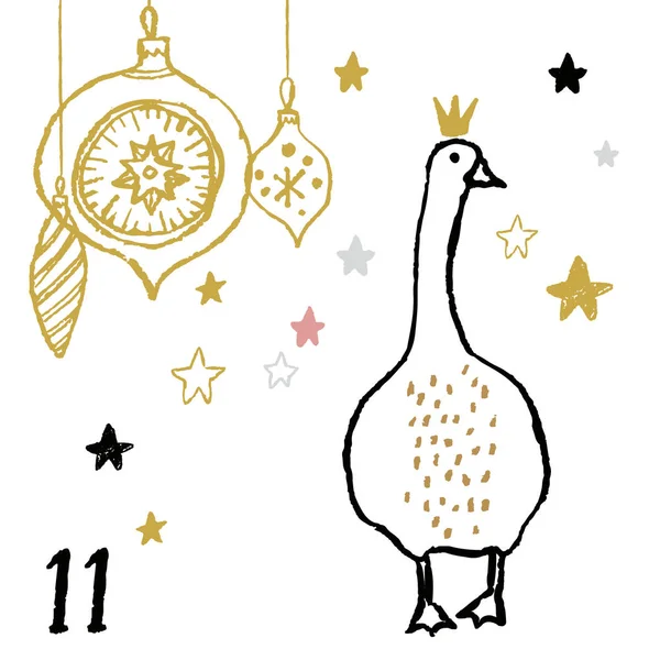 かわいい愛らしい動物とクリスマス アドベント カレンダー 手描きスタイル 冬の休日のポスター ベクトル図 — ストックベクタ