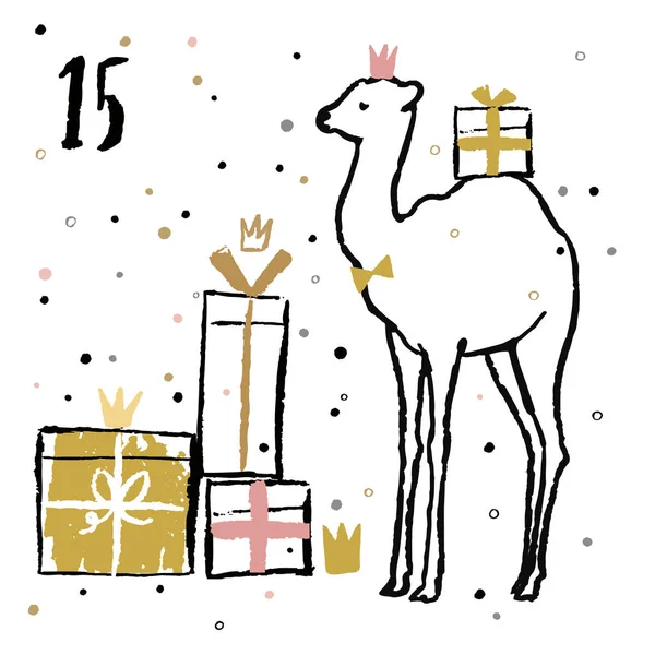 Vánoční Adventní Kalendář Roztomilý Rozkošný Zvířat Ručně Kreslenou Styl Zimní — Stockový vektor