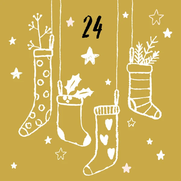 Calendario Adviento Navidad Con Lindos Animales Adorables Estilo Dibujado Mano — Vector de stock