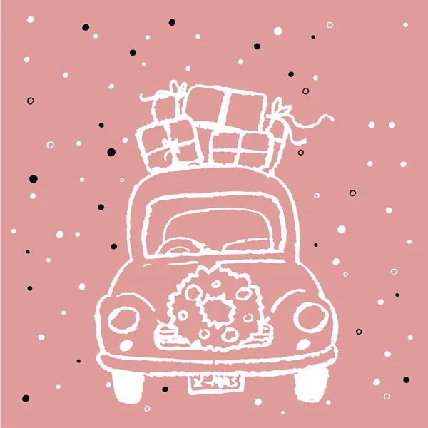 圣诞手绘节日贺卡与汽车和礼物 — 图库矢量图片