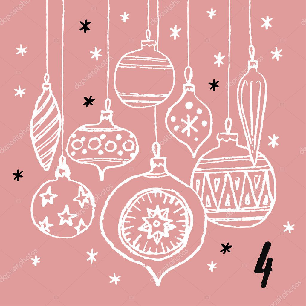 Christmas advent calendar with cute adorable animals. Hand drawn style. Winter holidays poster. Vector illustration.