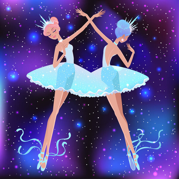 Beautiful vector illustration. The Snowflakes ballerina girls. Cute cartoon character from winter tale and ballet. 