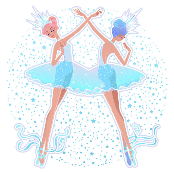 Beautiful vector illustration. The Snowflakes ballerina girls. Cute cartoon character from winter tale and ballet. 