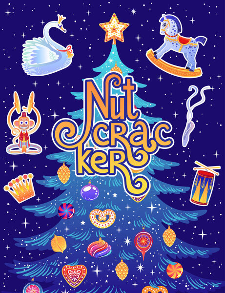 Beautiful vector illustration. Poster with characters from Nutcracker story. Cute cartoon elements from winter tale and ballet.