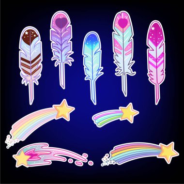 Sihirli düşen yıldız, kuyruklu yıldız, meteor ve bulut rüya koleksiyonu için gökkuşağı elemanları. Yalıtılmış vektör illüstrasyonu.