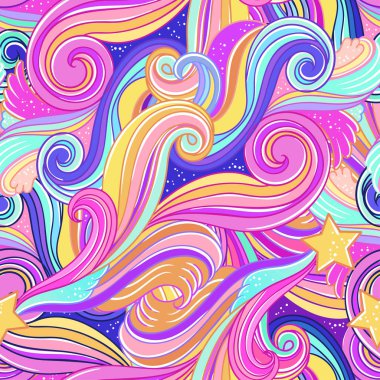 Gökkuşağı düşen yıldız, kuyruklu yıldız, meteor ve sihirli ve tek boynuzlu at rüya koleksiyonu için bulutlar. Vektör dikişsiz desen.