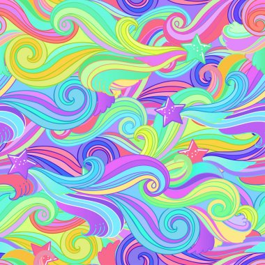 Gökkuşağı düşen yıldız, kuyruklu yıldız, meteor ve sihirli ve tek boynuzlu at rüya koleksiyonu için bulutlar. Vektör dikişsiz desen.