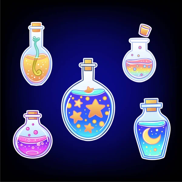 Elementos Arcoíris Botellas Mágicas Con Estrellas Luna Etc Ilustración Vectorial — Vector de stock