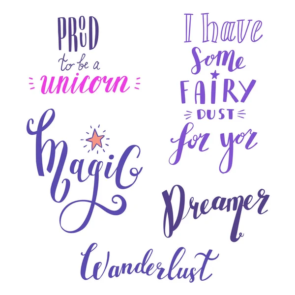 Hand Draaiend Belettering Voor Unicorn Set Met Grappige Zinnen Geïsoleerde — Stockvector