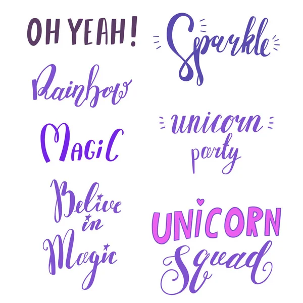 Hand Drawning Lettering Unicorn Set Funny Phrases Isolated Vector Illustration — Stock Vector