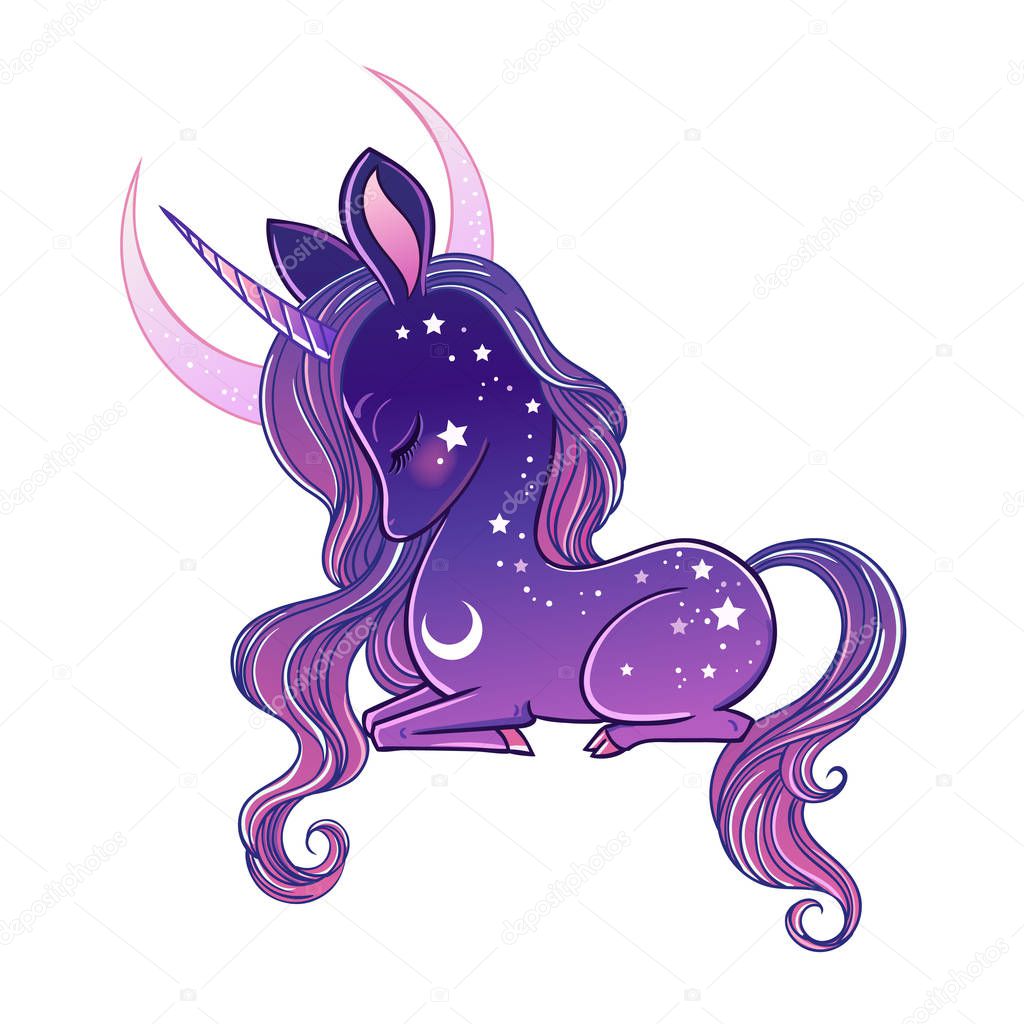The most beautiful cute magic Unicorn and fairy elements collection.  The Day, Night, Rainbow, Light, Dark, Neon, Mermaid, Pink Marshmallow, Zebra Unicorn.  Isolated vector illustration.