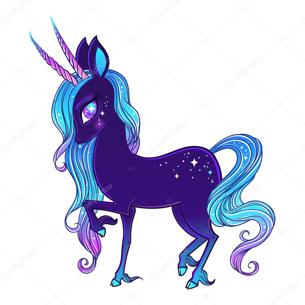 The most beautiful cute magic Unicorn and fairy elements collection.  The Day, Night, Rainbow, Light, Dark, Neon, Mermaid, Pink Marshmallow, Zebra Unicorn.  Isolated vector illustration.