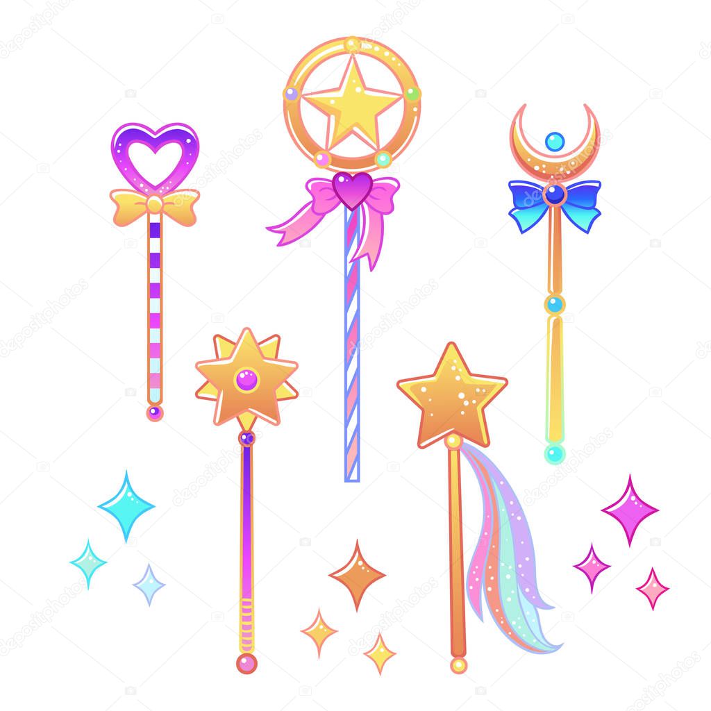 Cute elements for dream collection of magic wands and stars, crowns and flower and unicorn horn frames. Isolated vector illustration.