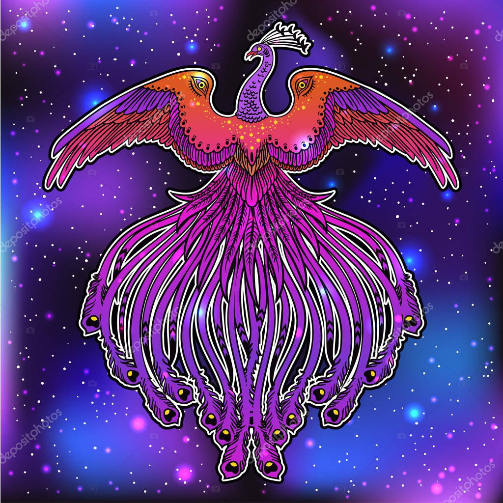 Hand drawn illustration with Phoenix Fire Bird from Russian fairy tale. Vector beautiful art, perfect for tattoo, logo, party and etc