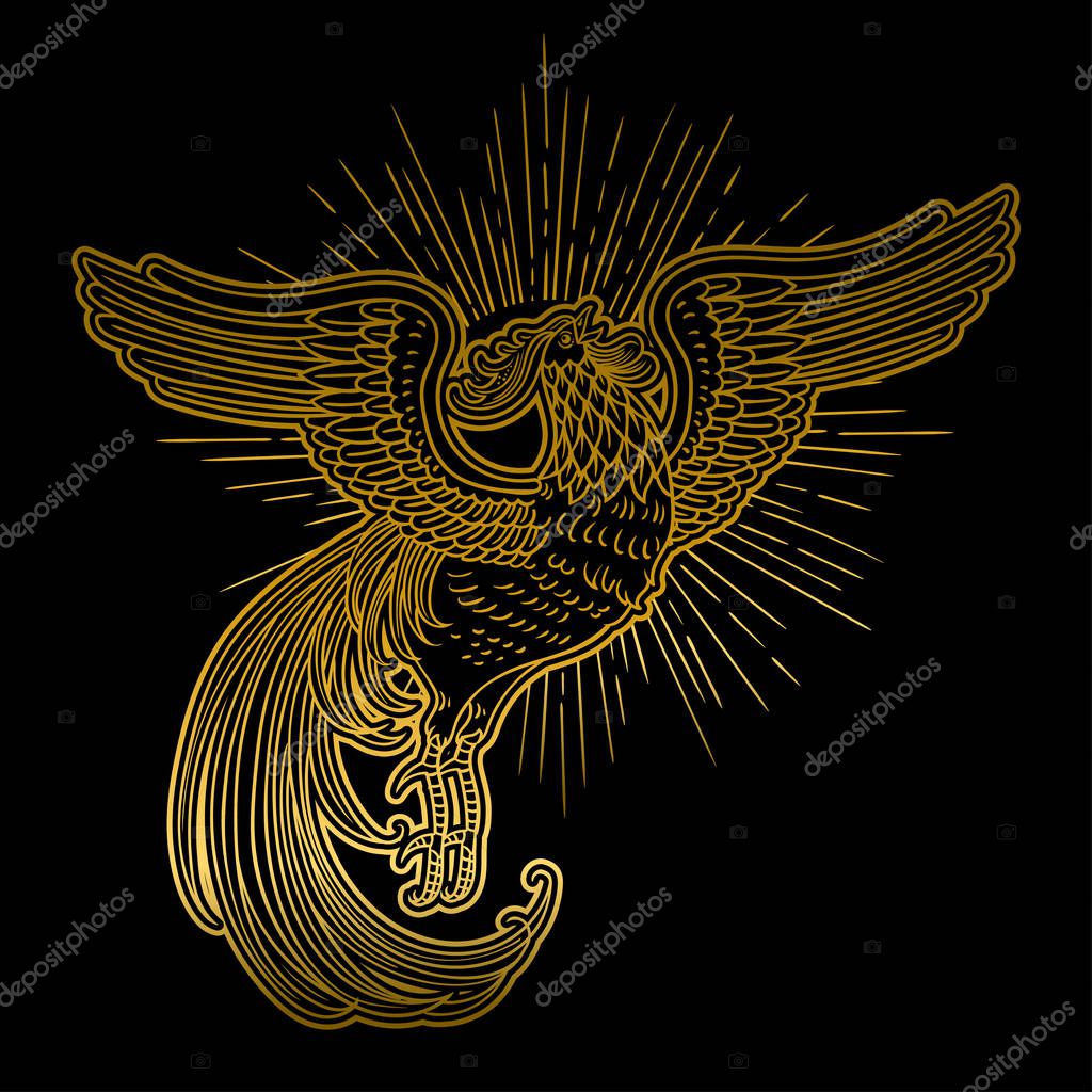Hand drawn illustration with Golden Rooster from Russian fairy tale. Vector beautiful art, perfect for tattoo, logo, cards and etc