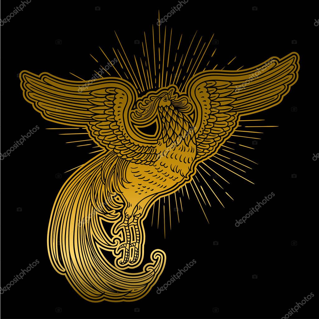 Hand drawn illustration with Golden Rooster from Russian fairy tale. Vector beautiful art, perfect for tattoo, logo, cards and etc