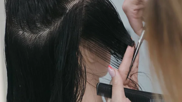 Stylist Hair Cutting Scissors Mannequin Head Practices Training — Stock Photo, Image