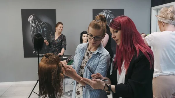 SAVAŞ, POLAND - 9 Haziran 2019: Saç akademisinde profesyonel kuaför
