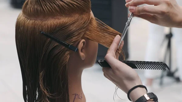 Stylist Haarschneiden Mit Der Schere Auf Schaufensterpuppe Kopf Praktiken Und lizenzfreie Stockfotos