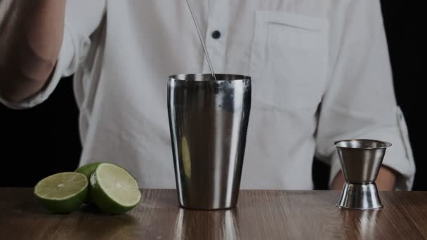 Camarero Vierte Vodka Coctelera Movimiento Lento — Vídeo de stock