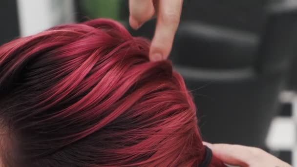 Professional Hairdresser Plaiting Braids Red Colored Female Hair — Stock Video