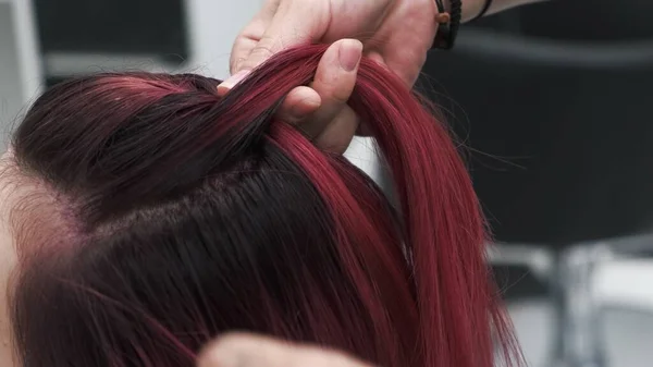 专业美发师将辫子剪成红色的女性头发 — 图库照片
