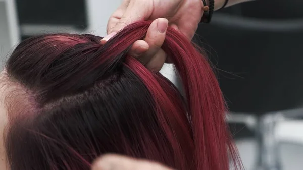 Cabeleireiro Profissional Entrançar Tranças Para Cabelos Femininos Coloridos Vermelhos — Fotografia de Stock