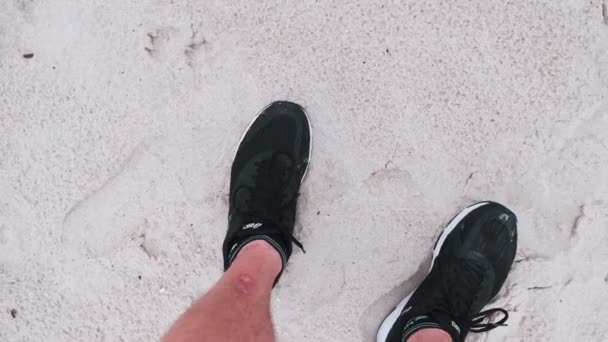 Warsaw Poland June 2019 Man Black Sneakers Asics Standing Sand — Stock Video
