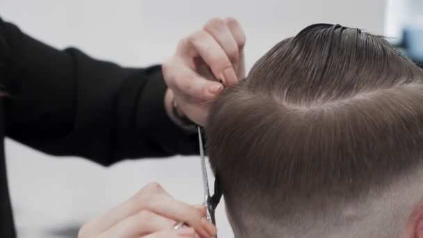 Penata Rambut Wanita Profesional Menyisir Dan Memotong Rambut Pria — Stok Video