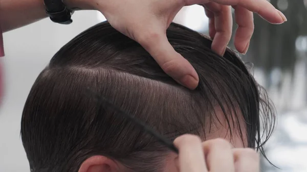 Professional Female Hairstylist Combing Man Hair Hairdresser Working Salon — Stock Photo, Image