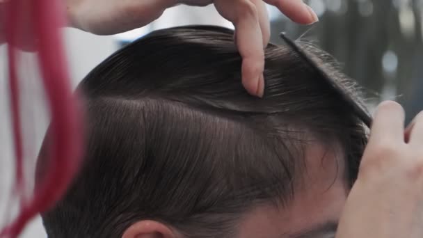 Professional Female Hairstylist Combing Man Hair Hairdresser Working Salon — Stock Video