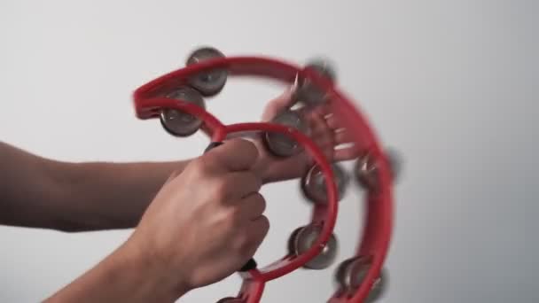 Musical Instrument Tambourine Young Musician Practices Home — Stock Video