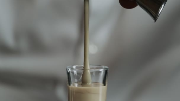 Bartender Pours Irish Cream Jigger Cocktail Glass Sambuca Close — Stock Video