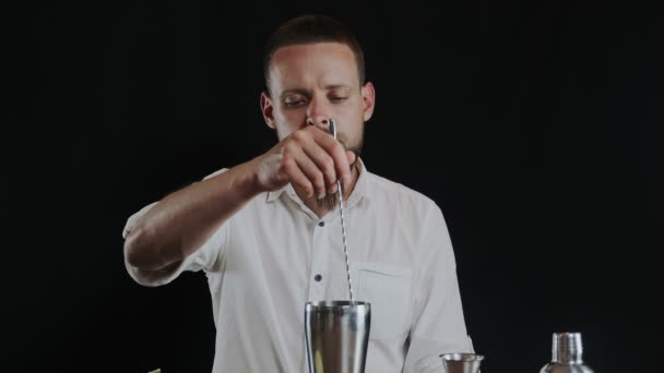 Barkeeper Mischt Shaker Zuckerpulver Mit Wodka Und Bereitet Alkoholische Cocktails — Stockvideo