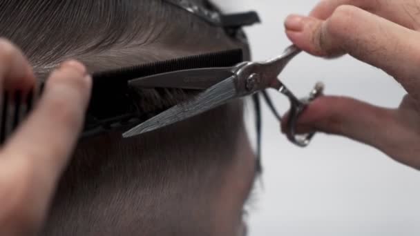 Szakmai Female Hairstylist Fésülködés Vágás Férfi Haj — Stock videók