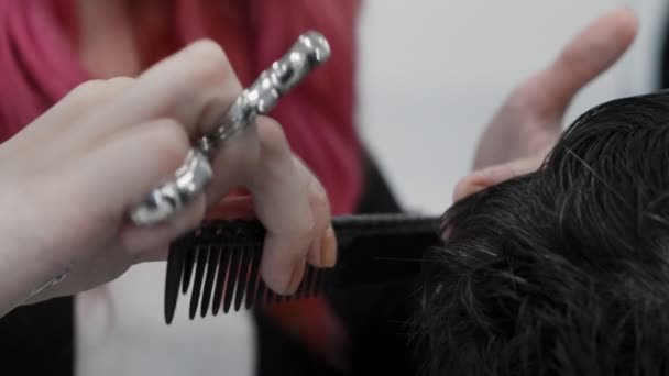 Erkek Saçını Tarayıp Kesen Profesyonel Bir Kadın Kuaför — Stok video