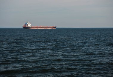 Koyu mavi bir deniz ve yazın ufukta büyük bir kırmızı-siyah kargo gemisi..