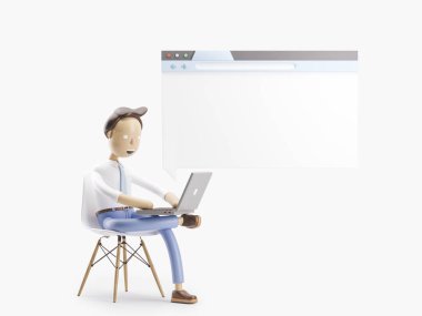 3D çizim. İşadamı Internet tarayıcısında oturuyor