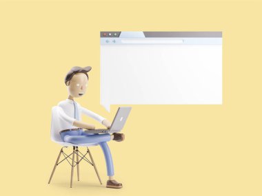 3D çizim. İşadamı Internet tarayıcısında oturuyor