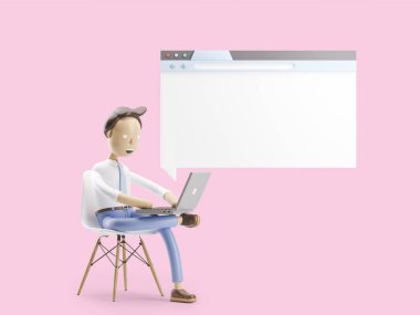 3D çizim. İşadamı Internet tarayıcısında oturuyor