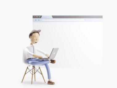 3D çizim. İşadamı Internet tarayıcısında oturuyor