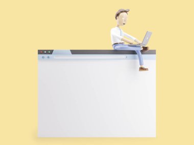 3D çizim. İşadamı oturup Internet tarayıcı