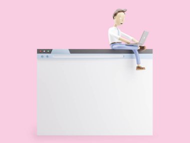 3D çizim. İşadamı oturup Internet tarayıcı