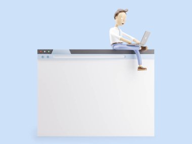 3D çizim. İşadamı oturup Internet tarayıcı