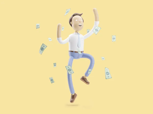 Ilustración 3d. El hombre de negocios Jimmy es feliz bajo la lluvia de dinero —  Fotos de Stock